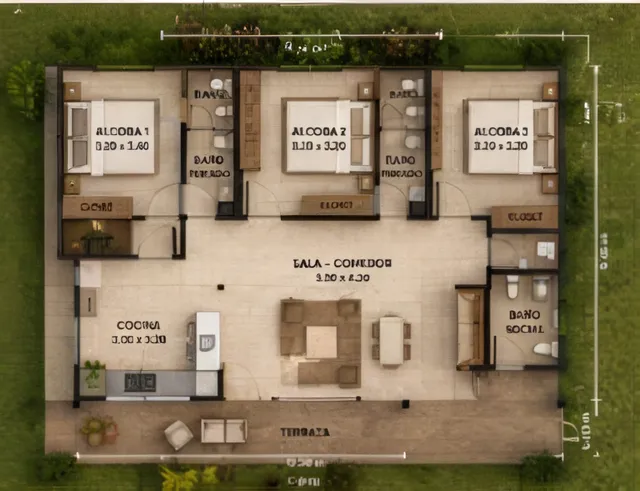 Casa campestre, vista plano.