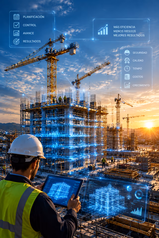 Ingeniero con casco y tableta supervisando una obra en altura con grúas, con datos de planificación, control y avance.