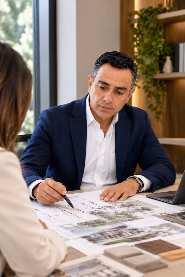 Arquitecto de Eco revisando planos y muestras de materiales con una clienta en la mesa de diseño.