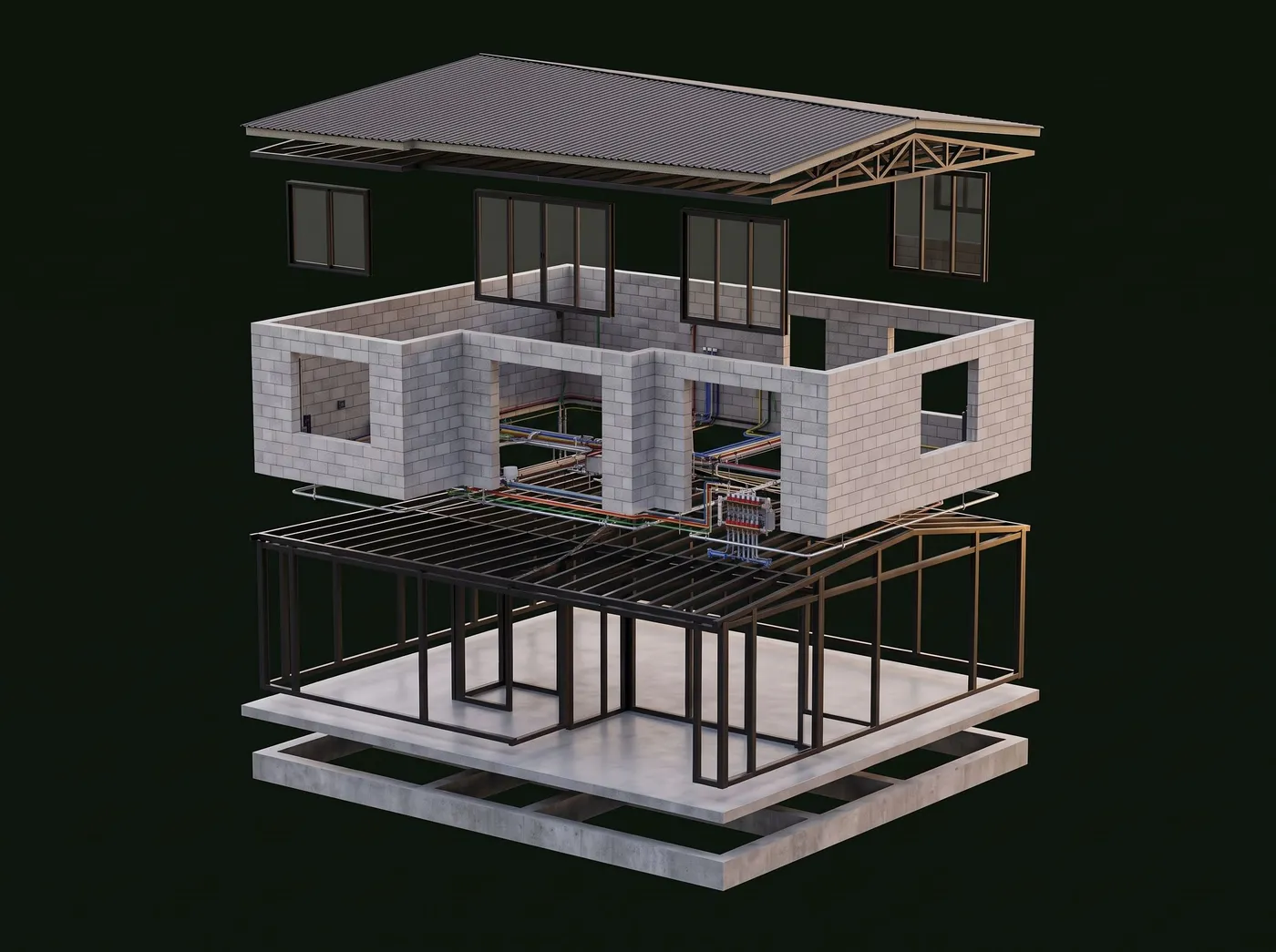 Modelo explotado de la vivienda de 50 m²: cimentación, placa, estructura metálica, instalaciones, muros de concreto celular, ventanería y cubierta.